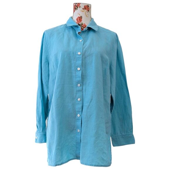 Tommy Bahama Sz L Shirt Women's Turquoise Blue 100% Linen Long Sleeve Button Up - Picture 1 of 14